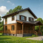 Проект дома «Т-140Б» из СИП-панелей, 140 м² — двухэтажный дом с белым и деревянным фасадом, коричневой крышей и крыльцом | HotWell.KZ