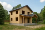 Дом «Т-140Б», 140 м², 2 этажа, в черновой отделке: коробка из СИП-панелей OSB-3, двускатная кровля из металлочерепицы, проёмы без окон и дверей, в проёмах видны сосновые балки перекрытия