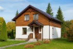 Проект дома «Т-150» из СИП-панелей, 150 м² — двухэтажный дом с белым фасадом, коричневой крышей и крытым крыльцом | HotWell.KZ