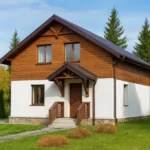Проект дома «Т-150» из СИП-панелей, 150 м² — двухэтажный дом с белым фасадом, коричневой крышей и крытым крыльцом | HotWell.KZ