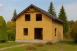 Дом «Т-150», 150 м², 1.5 этажа, в черновой отделке: коробка из СИП-панелей OSB-3, двускатная кровля из металлочерепицы, проёмы без окон и дверей, в проёмах видны сосновые балки перекрытия
