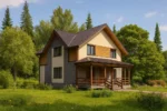 Проект дома «Т-152» из СИП-панелей, 152 м² — двухэтажный дом с бежевым фасадом, коричневой крышей и крытым крыльцом | HotWell.KZ