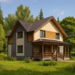 Проект дома «Т-152» из СИП-панелей, 152 м² — двухэтажный дом с бежевым фасадом, коричневой крышей и крытым крыльцом | HotWell.KZ