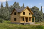 Дом «Т-152», 152 м², 1.5 этажа, в черновой отделке: коробка из СИП-панелей OSB-3, двускатная кровля из металлочерепицы, проёмы без окон и дверей, в проёмах видны сосновые балки перекрытия