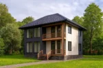 Проект дома «Т-153» из СИП-панелей, 153 м² — двухэтажный дом с тёмным фасадом, черной крышей и балконом | HotWell.KZ