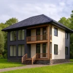 Проект дома «Т-153» из СИП-панелей, 153 м² — двухэтажный дом с тёмным фасадом, черной крышей и балконом | HotWell.KZ