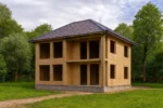 Дом «Т-153», 153 м², 2 этажа, в черновой отделке: коробка из СИП-панелей OSB-3, вальмовая кровля из металлочерепицы, проёмы без окон и дверей, в проёмах видны сосновые балки перекрытия