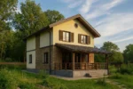 Проект дома «Т-153Б» из СИП-панелей, 153 м² — двухэтажный дом с жёлтым фасадом, коричневой крышей и террасой | HotWell.KZ
