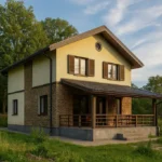 Проект дома «Т-153Б» из СИП-панелей, 153 м² — двухэтажный дом с жёлтым фасадом, коричневой крышей и террасой | HotWell.KZ