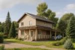 Проект дома «Т-153Г» из СИП-панелей, 153 м² — двухэтажный дом с бежевым фасадом, коричневой крышей и террасой | HotWell.KZ