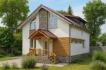 Проект дома «Т-153В» из СИП-панелей, 153 м² — двухэтажный дом с белым фасадом, коричневой крышей и крытым крыльцом | HotWell.KZ