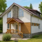 Проект дома «Т-153В» из СИП-панелей, 153 м² — двухэтажный дом с белым фасадом, коричневой крышей и крытым крыльцом | HotWell.KZ