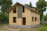 Дом «Т-153В», 153 м², 1.5 этажа, в черновой отделке: коробка из СИП-панелей OSB-3, двускатная кровля из металлочерепицы, проёмы без окон и дверей, в проёмах видны сосновые балки перекрытия