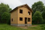 Дом «Т-160», 160 м², 2 этажа, в черновой отделке: коробка из СИП-панелей OSB-3, двускатная кровля из металлочерепицы, проёмы без окон и дверей, в проёмах видны сосновые балки перекрытия