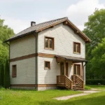 Проект дома «Т-160Б» из СИП-панелей, 160 м² — двухэтажный дом с серым фасадом, коричневой крышей и крыльцом | HotWell.KZ