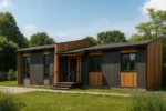 Проект дома «Т-164» из СИП-панелей, 164 м² — одноэтажный дом с серым фасадом, черной крышей и крыльцом | HotWell.KZ