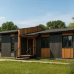Проект дома «Т-164» из СИП-панелей, 164 м² — одноэтажный дом с серым фасадом, черной крышей и крыльцом | HotWell.KZ