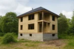 Дом «Т-168», 168 м², 2 этажа, в черновой отделке: коробка из СИП-панелей OSB-3, вальмовая кровля из металлочерепицы, проёмы без окон и дверей, в проёмах видны сосновые балки перекрытия