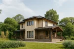 Проект дома «Т-170» из СИП-панелей, 170 м² — двухэтажный дом с бежевым фасадом, темной крышей и террасой | HotWell.KZ
