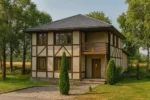 Проект дома «Т-180» из СИП-панелей, 180 м² — двухэтажный дом с бежевым фасадом, серой крышей и балконом | HotWell.KZ