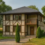 Проект дома «Т-180» из СИП-панелей, 180 м² — двухэтажный дом с бежевым фасадом, серой крышей и балконом | HotWell.KZ