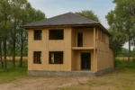 Дом «Т-180», 180 м², 2 этажа, в черновой отделке: коробка из СИП-панелей OSB-3, вальмовая кровля из металлочерепицы, проёмы без окон и дверей, в проёмах видны сосновые балки перекрытия