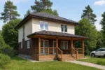 Проект дома «Т-180Б» из СИП-панелей, 180 м² — двухэтажный дом с бежевым фасадом, коричневой крышей и террасой | HotWell.KZ