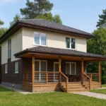Проект дома «Т-180Б» из СИП-панелей, 180 м² — двухэтажный дом с бежевым фасадом, коричневой крышей и террасой | HotWell.KZ