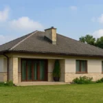 Проект дома «Т-189» из СИП-панелей, 189 м² — одноэтажный дом с бежевым фасадом, серой крышей и террасой | HotWell.KZ