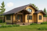 Проект дома «Т-191» из СИП-панелей, 191 м² — одноэтажный дом с деревянным фасадом, коричневой крышей и крытым крыльцом | HotWell.KZ