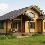 Проект дома «Т-191» из СИП-панелей, 191 м² — одноэтажный дом с деревянным фасадом, коричневой крышей и крытым крыльцом | HotWell.KZ