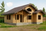 Дом «Т-191», 191 м², 1.5 этажа, в черновой отделке: коробка из СИП-панелей OSB-3, двускатная кровля из металлочерепицы, проёмы без окон и дверей, в проёмах видны сосновые балки перекрытия