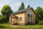 Проект дома «Т-195» из СИП-панелей, 195 м² — двухэтажный дом с бежевым фасадом, серой крышей и крыльцом | HotWell.KZ