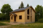 Дом «Т-195», 195 м², 1.5 этажа, в черновой отделке: коробка из СИП-панелей OSB-3, двускатная кровля из металлочерепицы, проёмы без окон и дверей, в проёмах видны сосновые балки перекрытия