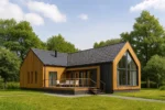 Проект дома «Т-200» из СИП-панелей, 200 м² — одноэтажный дом с деревянным фасадом, черной крышей и террасой | HotWell.KZ