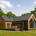 Проект дома «Т-200» из СИП-панелей, 200 м² — одноэтажный дом с деревянным фасадом, черной крышей и террасой | HotWell.KZ