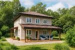 Проект дома «Т-200Б» из СИП-панелей, 200 м² — двухэтажный дом с бежевым фасадом, коричневой крышей и террасой | HotWell.KZ