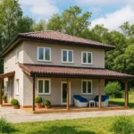 Проект дома «Т-200Б» из СИП-панелей, 200 м² — двухэтажный дом с бежевым фасадом, коричневой крышей и террасой | HotWell.KZ
