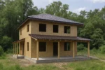 Дом «Т-200Б», 200 м², 2 этажа, в черновой отделке: коробка из СИП-панелей OSB-3, вальмовая кровля из металлочерепицы, проёмы без окон и дверей, в проёмах видны сосновые балки перекрытия