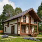 Проект дома «Т-203» из СИП-панелей, 203 м² — двухэтажный дом с бежевым фасадом, коричневой крышей и балконом | HotWell.KZ
