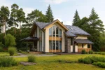 Проект дома «Т-332» из СИП-панелей, 332 м² — двухэтажный дом с бежевым фасадом, серой крышей и террасой | HotWell.KZ