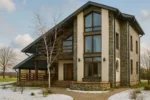 Проект дома «Т-338» из СИП-панелей, 338 м² — двухэтажный дом с серым каменным фасадом, черной крышей и террасой | HotWell.KZ