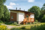 Проект дома «Т-39» из СИП-панелей, 39 м² — одноэтажный дом с кирпичным фасадом, плоской крышей и деревянным крыльцом | HotWell.KZ