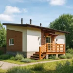 Проект дома «Т-39» из СИП-панелей, 39 м² — одноэтажный дом с кирпичным фасадом, плоской крышей и деревянным крыльцом | HotWell.KZ