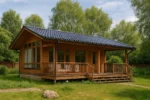 Проект дома «Т-42» из СИП-панелей, 42 м² — одноэтажный дом с деревянным фасадом, синей крышей и террасой | HotWell.KZ