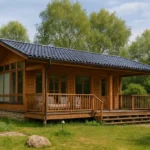 Проект дома «Т-42» из СИП-панелей, 42 м² — одноэтажный дом с деревянным фасадом, синей крышей и террасой | HotWell.KZ