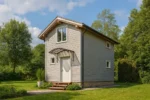 Проект дома «Т-57» из СИП-панелей, 57 м² — двухэтажный дом с серым фасадом, коричневой крышей и козырьком над входом | HotWell.KZ