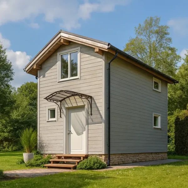 Проект дома «Т-57» из СИП-панелей, 57 м² — двухэтажный дом с серым фасадом, коричневой крышей и козырьком над входом | HotWell.KZ