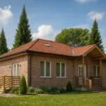 Проект дома «Т-84» из СИП-панелей, 84 м² — одноэтажный дом с кирпичным фасадом, красной крышей и крытым крыльцом | HotWell.KZ