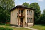 Проект дома «Т-89» из СИП-панелей, 89 м² — двухэтажный дом с бежевым фасадом, коричневой крышей и балконом | HotWell.KZ